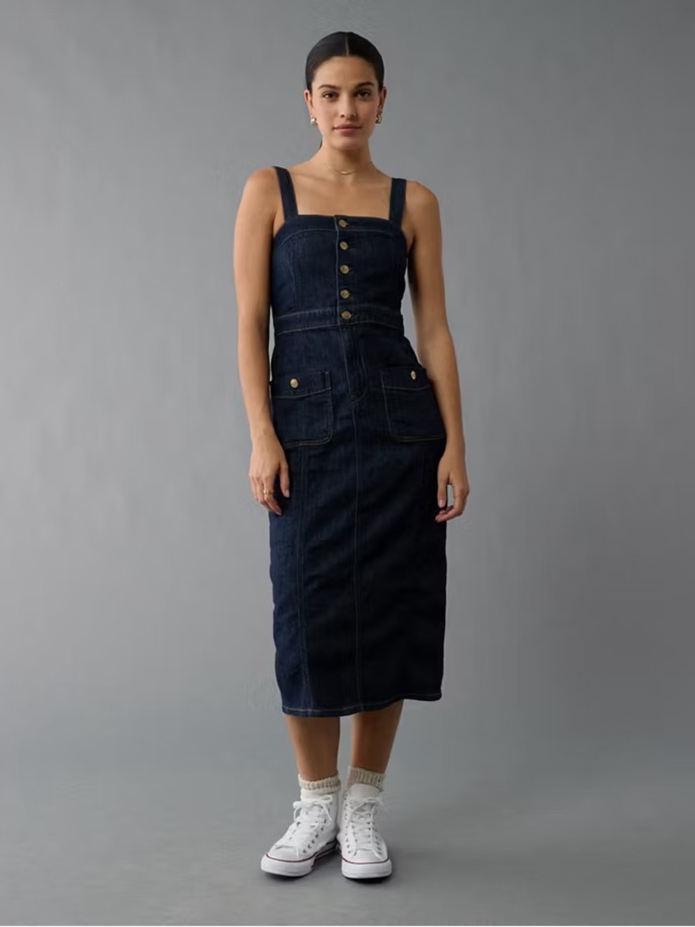 American Eagle Outfitters Dark Blue Denim Midi Pinafore Dress